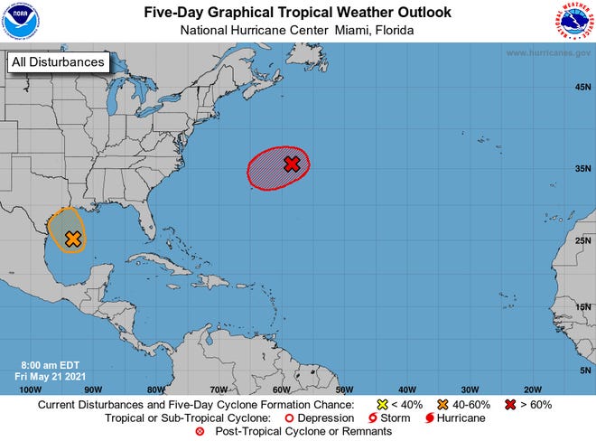 Two separate storms could form the next day in the Atlantic Ocean (in red) and the Gulf of Mexico (in orange), the National Hurricane Center said.
