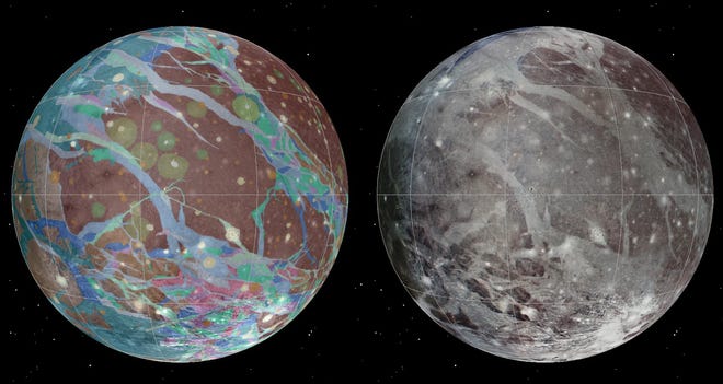 The mosaic and geological images of Jupiter's moon Ganymede have been compiled using the best available images from NASA's Voyager 1 and 2 spacecraft and NASA's Galileo spacecraft.