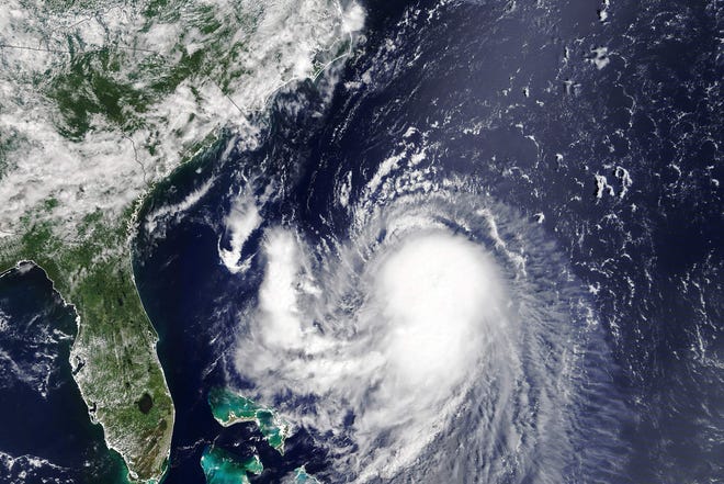 A satellite image shows tropical storm Henri moving towards the northeast coast on Friday, August 20, 2021.  Henri is expected to be the first hurricane to hit the New England region in decades.