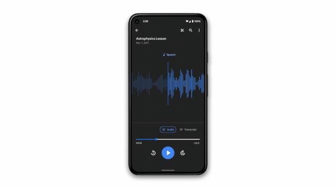 Google Pixel Recorder Update Spring 2021 animation shows the phone in a wider screen in a browser with extended layout changes
