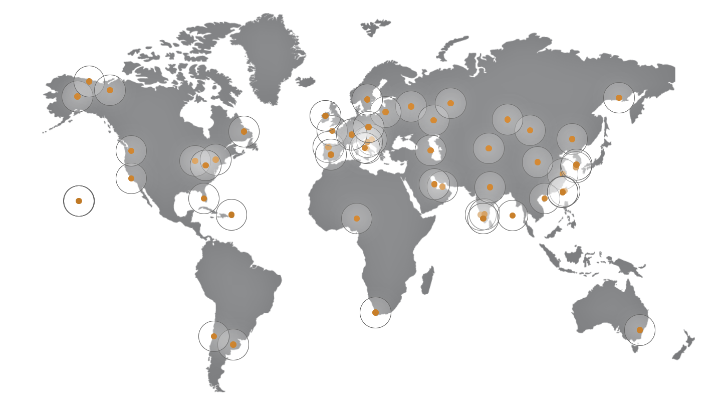 World map indicating ground stations used by RBC Signals
