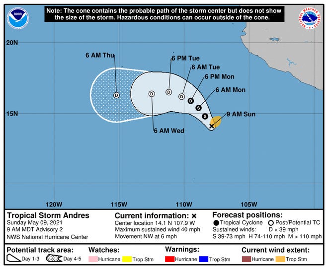 A graphic from the National Hurricane Center shows a possible path for tropical storm Andres that formed in the Pacific off the coast of Mexico.
