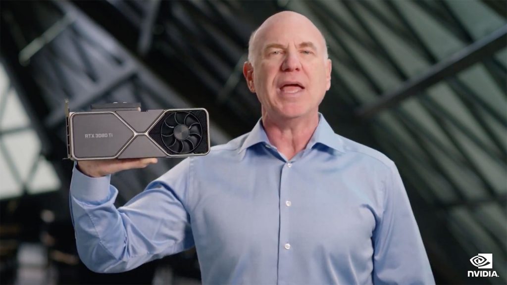 Jeff Fisher, NVIDIA's GeForce Senior Vice President, holding an RTX 3080 Ti graphics card during the Computex 2021 keynote.