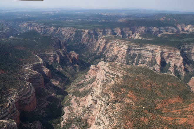 An aerial view of Arch Canyon in Bears Ears National Monument in southeastern Utah, which President Barack Obama wanted to protect in 2016.  President Donald Trump then greatly reduced the size of the planned monument.  His fate is still undecided, but activists want to put aside an even bigger pattern.